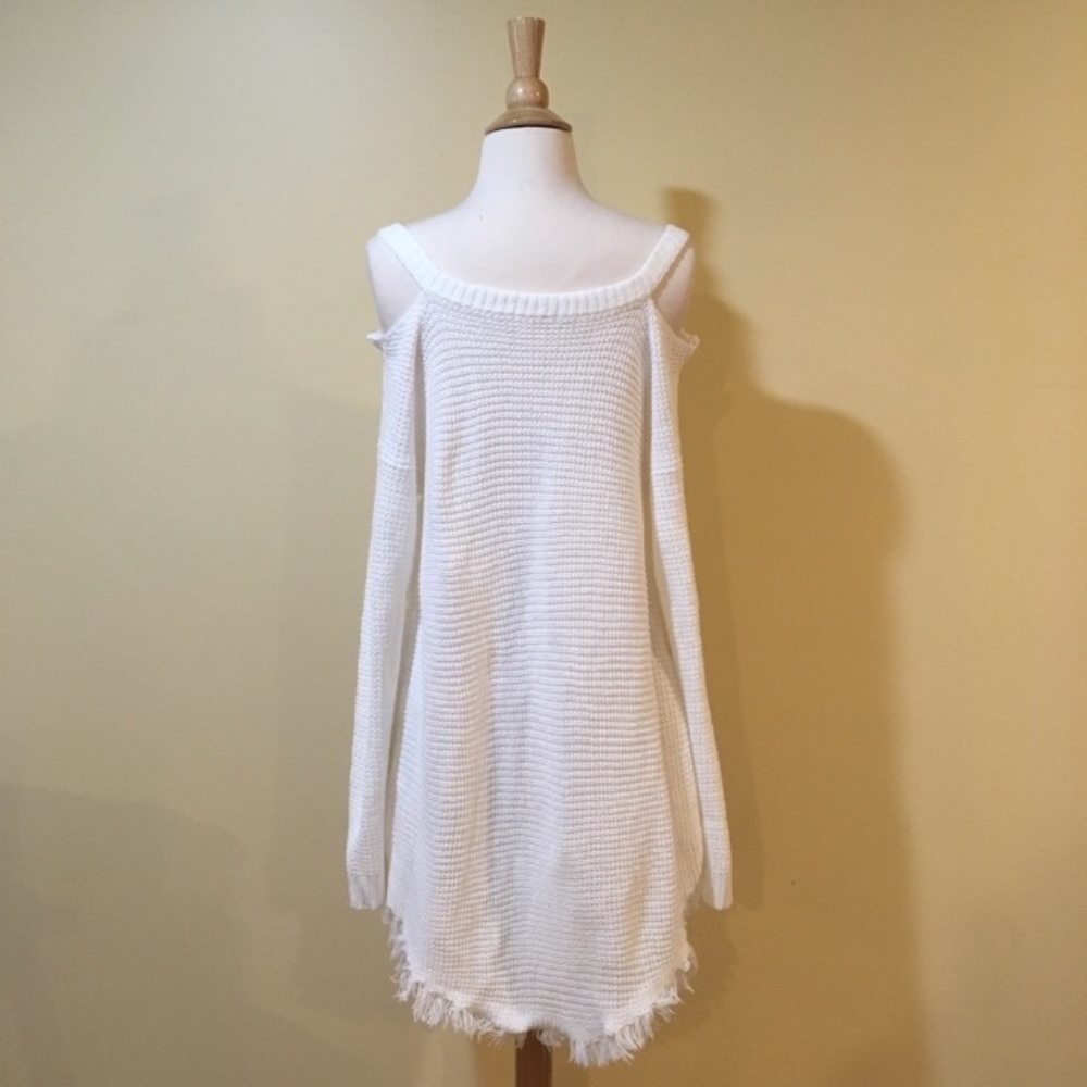 High Low Cold Shoulder Fringe Trim Waffle Knit Sweater Snow White - Picture 7 of 7